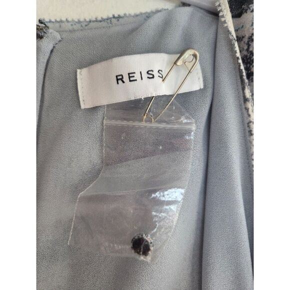 Reiss Women "Valetta" Blue Grey Moonlight Print V-Neck Faux Wrap Dress size 12 - Picture 9 of 9